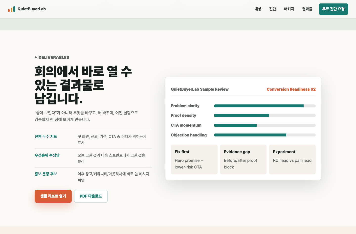 QuietBuyerLab 진단 결과물 샘플 화면