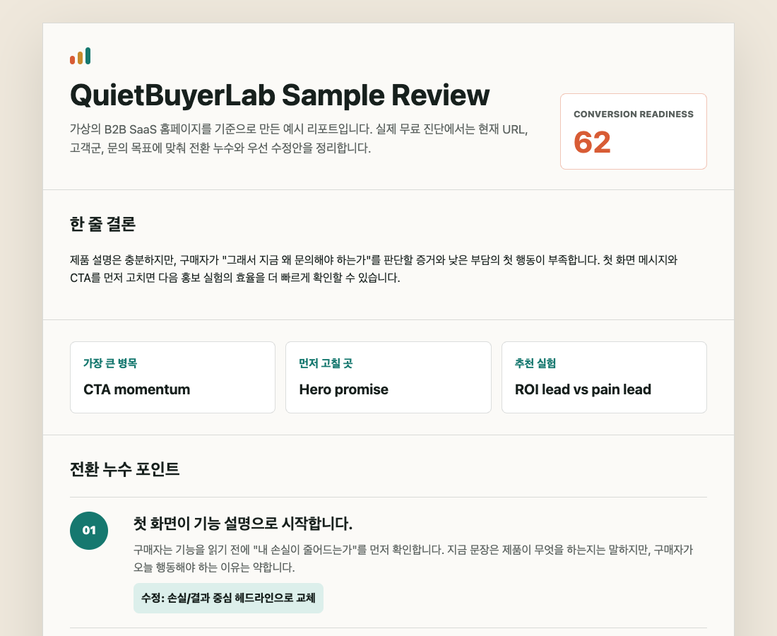 QuietBuyerLab 샘플 홈페이지 전환 리포트 전체 화면